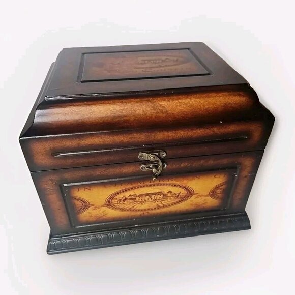 Wood Box Treasure Chest Brown Lined Storage Organization 10x12x6 - Picture 1 of 16